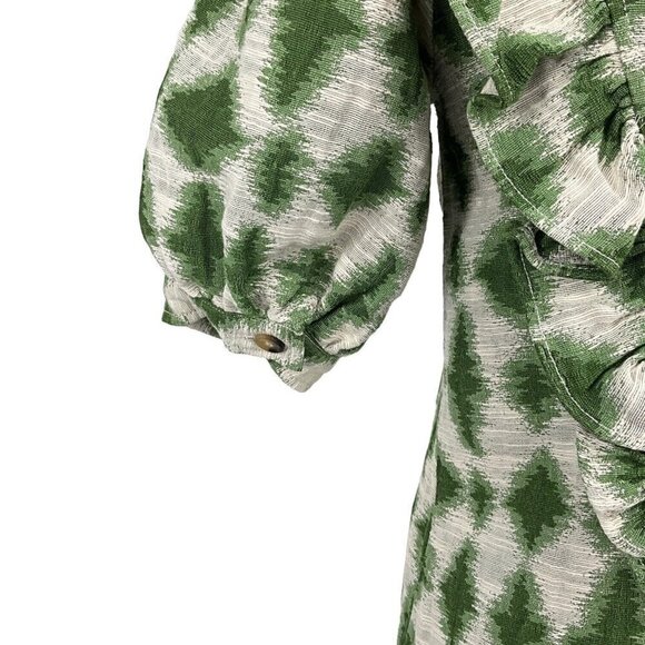 Sezane Ezecquiel Blouse Green Ikat Size EU 34 Ruffles 1/2 Sleeve Buttons Womens - Picture 3 of 11